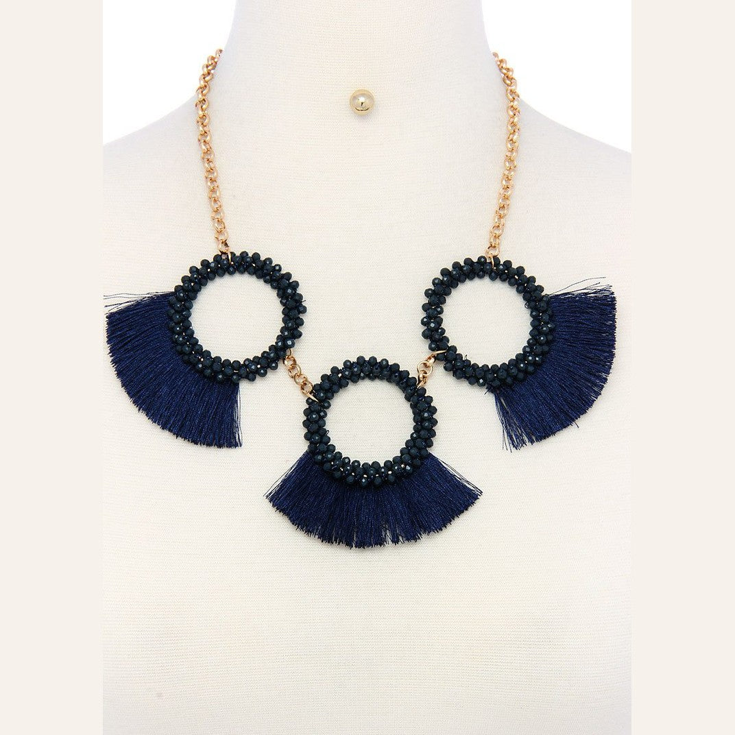 VacationGrabs statement necklace and earring set for women featuring navy blue fringe and beaded accents