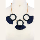 VacationGrabs statement necklace and earring set for women featuring navy blue fringe and beaded accents
