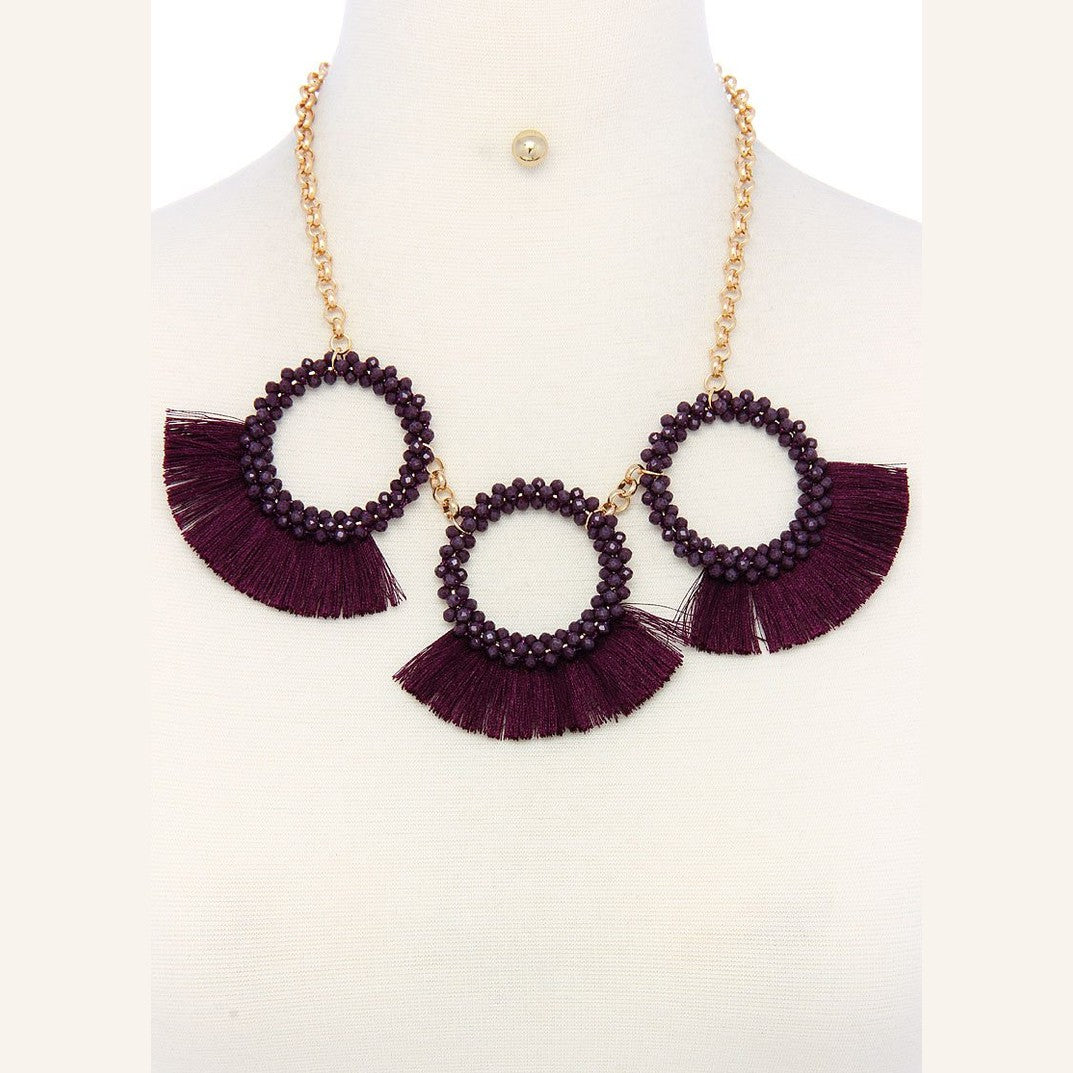 VacationGrabs statement necklace and earring set for women featuring bold purple fringe and beaded design