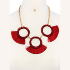 Bold red statement necklace and earring set for women featuring fringe and beaded circles
