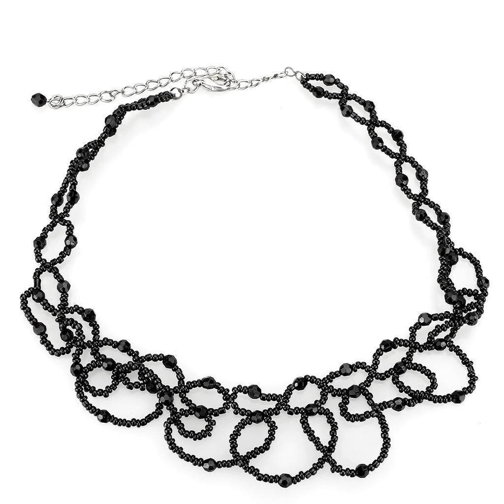 Elegant statement necklace rhodium brass with intricate black bead design for stylish outfits