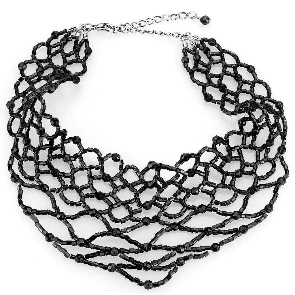 Statement necklace rhodium brass with intricate black beaded design for versatile styling