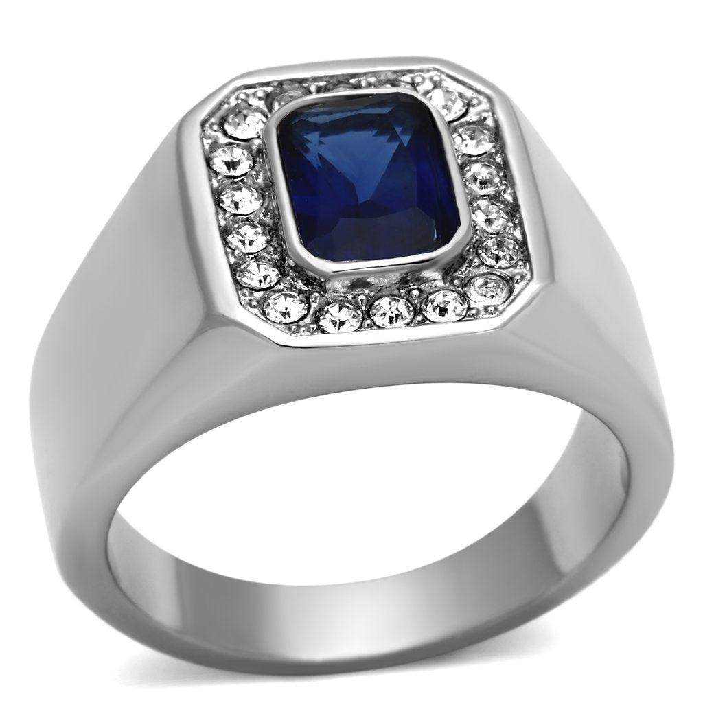 VacationGrabs stylish steel ring with gemstone featuring a blue stone surrounded by sparkling accents