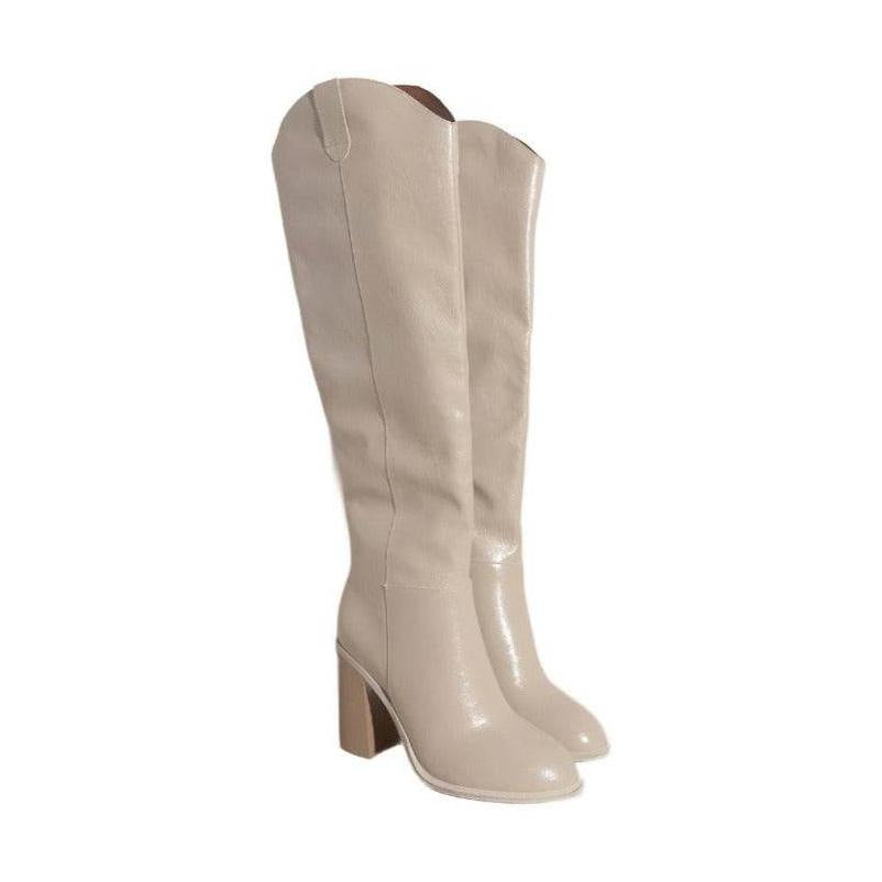 Women's beige leather knee-high boots by Let's See Style, stylish and elegant