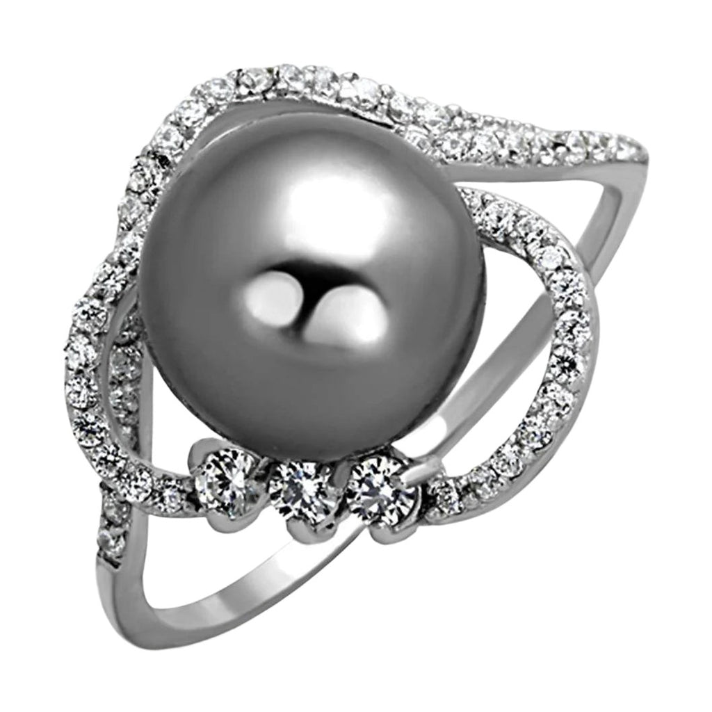 Sterling silver cocktail ring featuring a large pearl and sparkling stone accents for elegant occasions