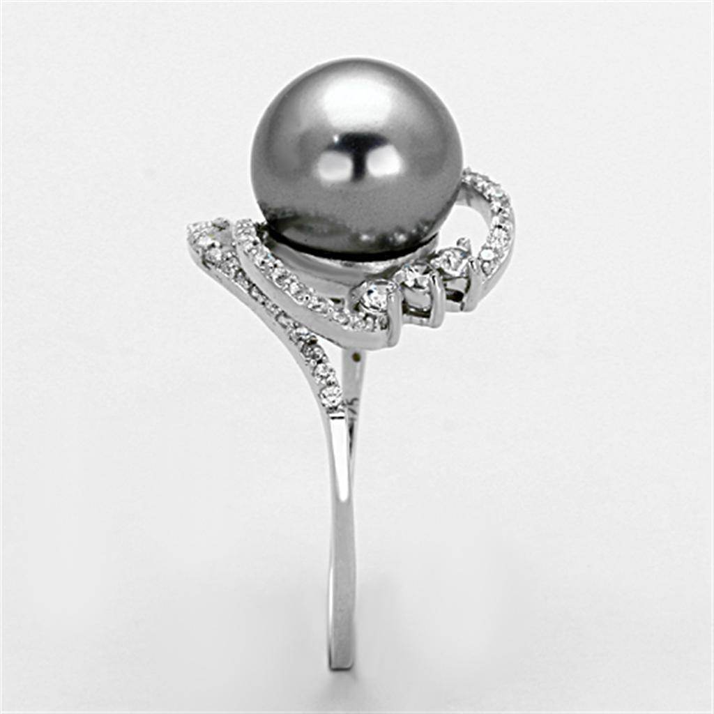 Elegant sterling silver cocktail ring featuring a large gray pearl and sparkling accent stones