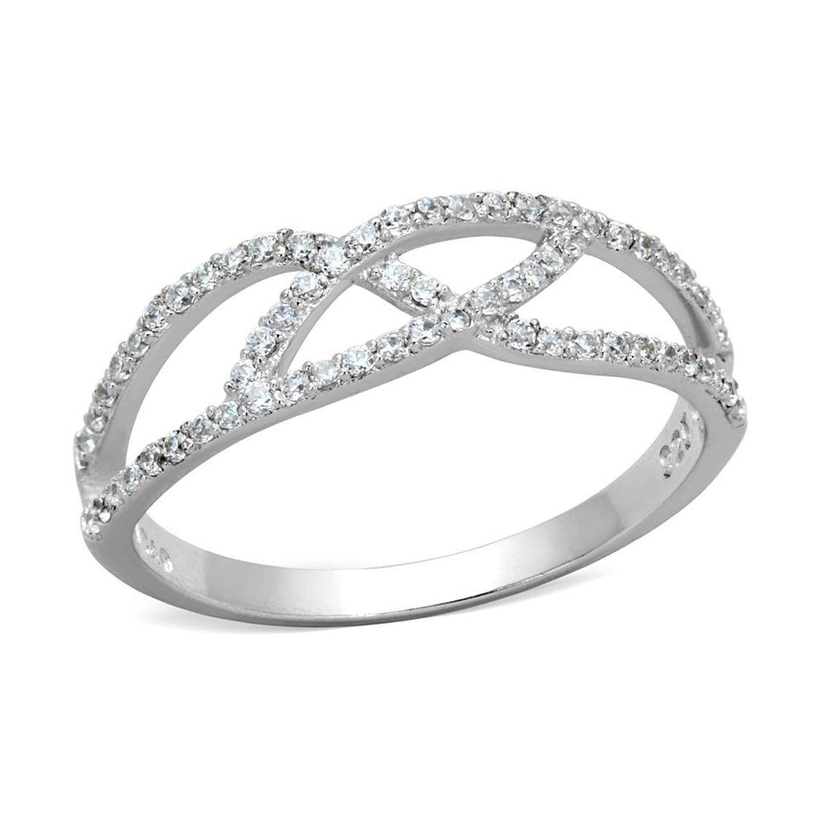 Sterling silver crossover ring for women adorned with sparkling crystals for elegant wear