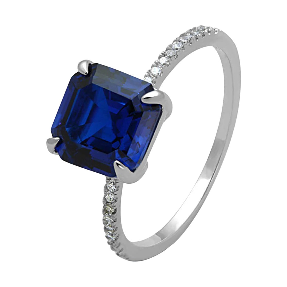 Sterling silver engagement ring for women featuring a blue gemstone and sparkling accent stones