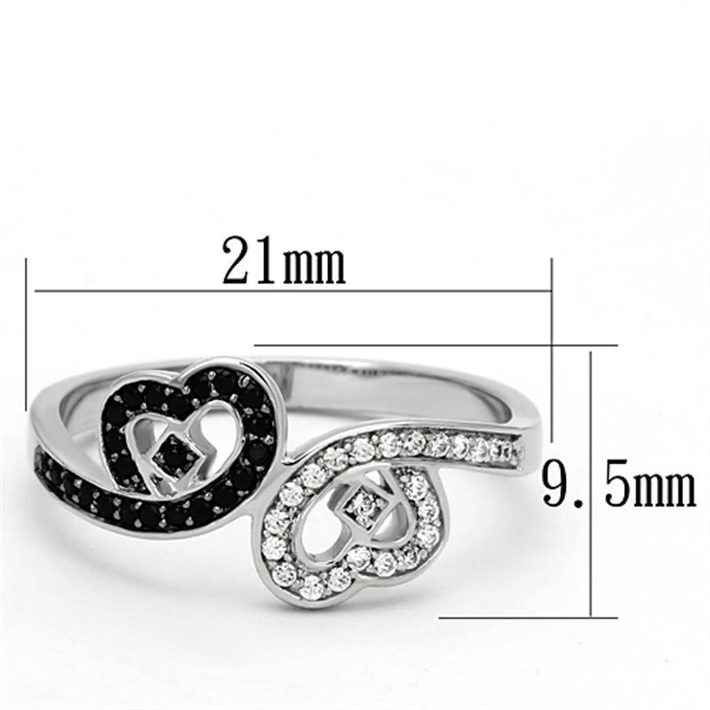 Sterling silver heart ring for women featuring sparkling black and white stones in a stylish design