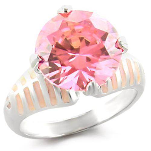 Sterling silver pink gemstone ring with a large round pink stone and elegant band design