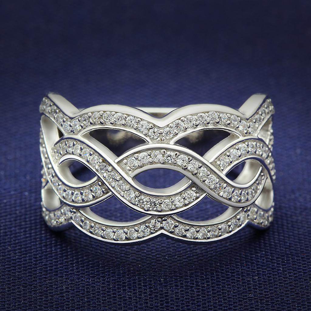 Sterling silver statement ring for women with intertwined design and sparkling accents