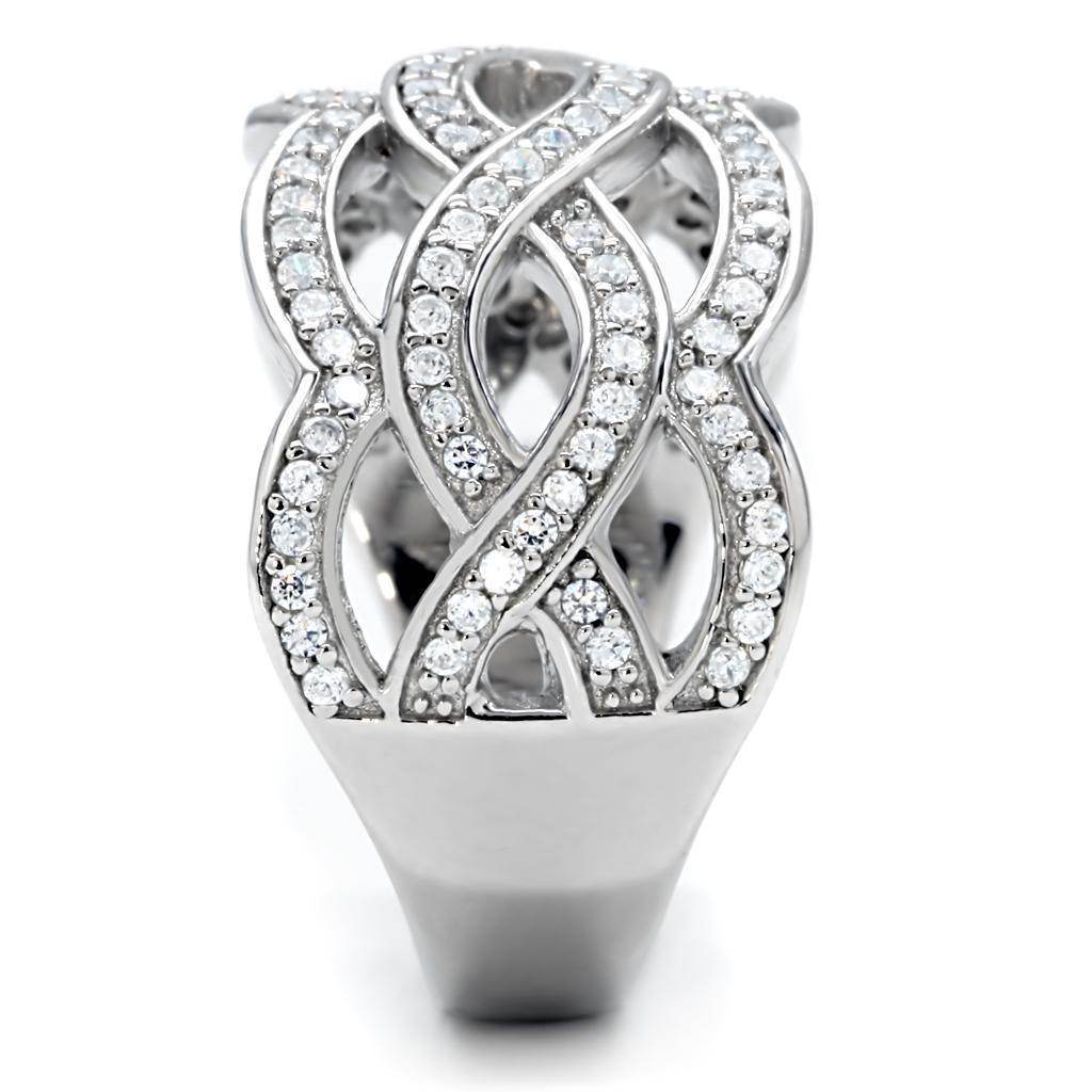 Stylish sterling silver statement ring for women featuring intricate twisted design with sparkling stones