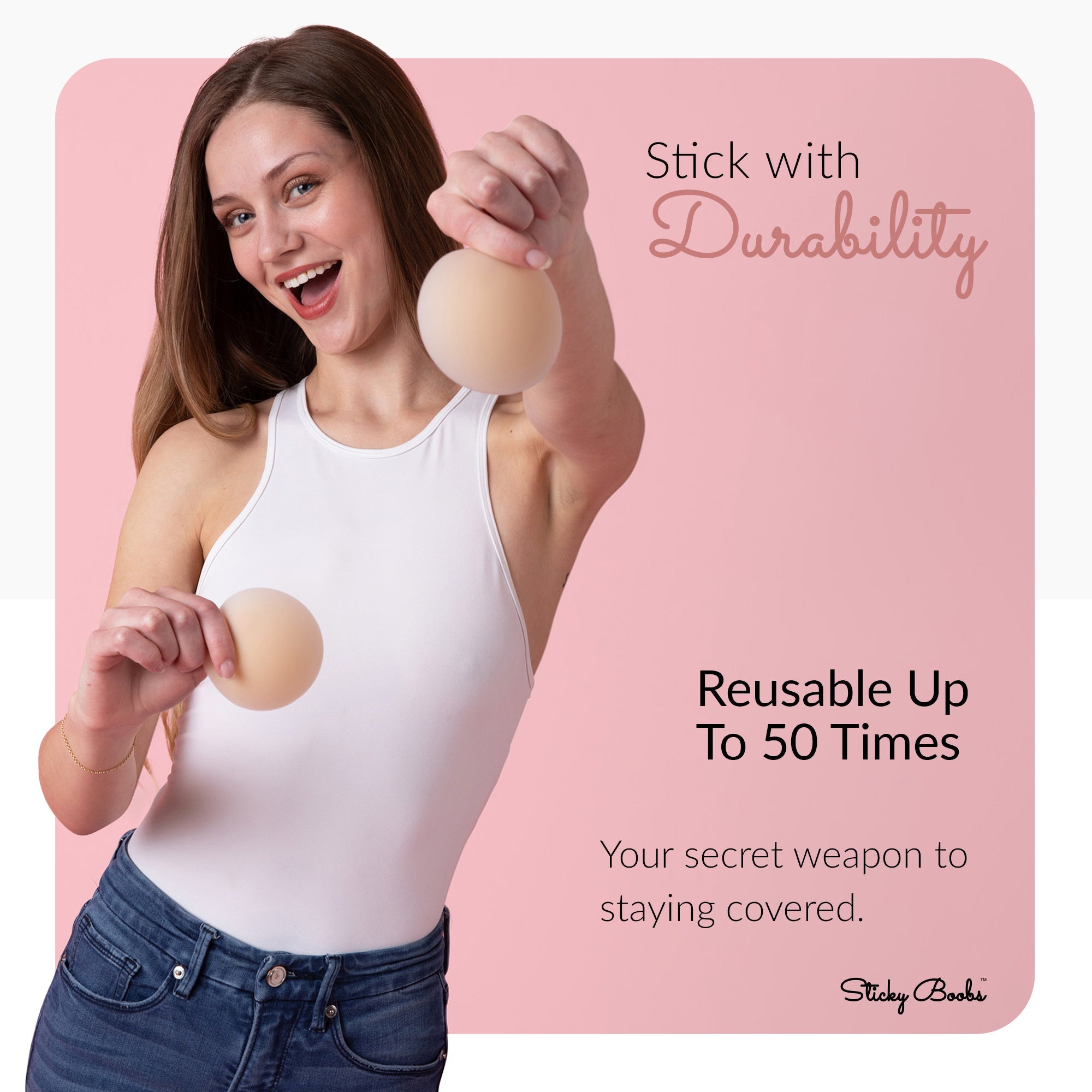Original sticky boobs adhesive bra with a model showcasing durability and reusable feature up to 50 times
