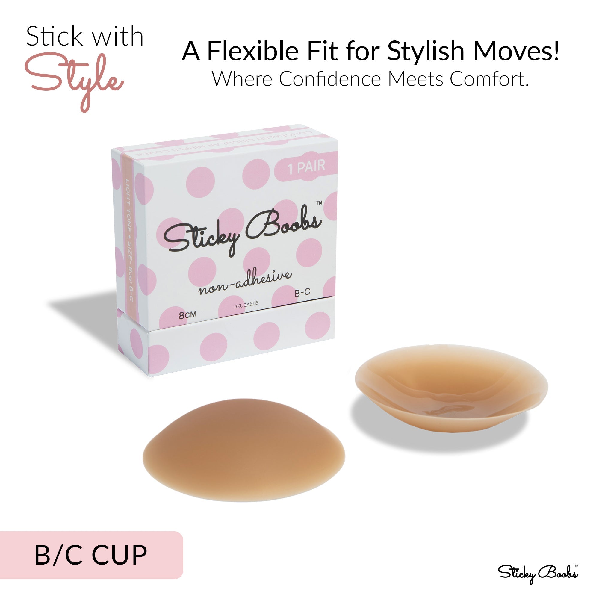 Sticky Boobs perfect fit non adhesive bra pads in nude color for B/C cup sizes, designed for comfort and flexibility