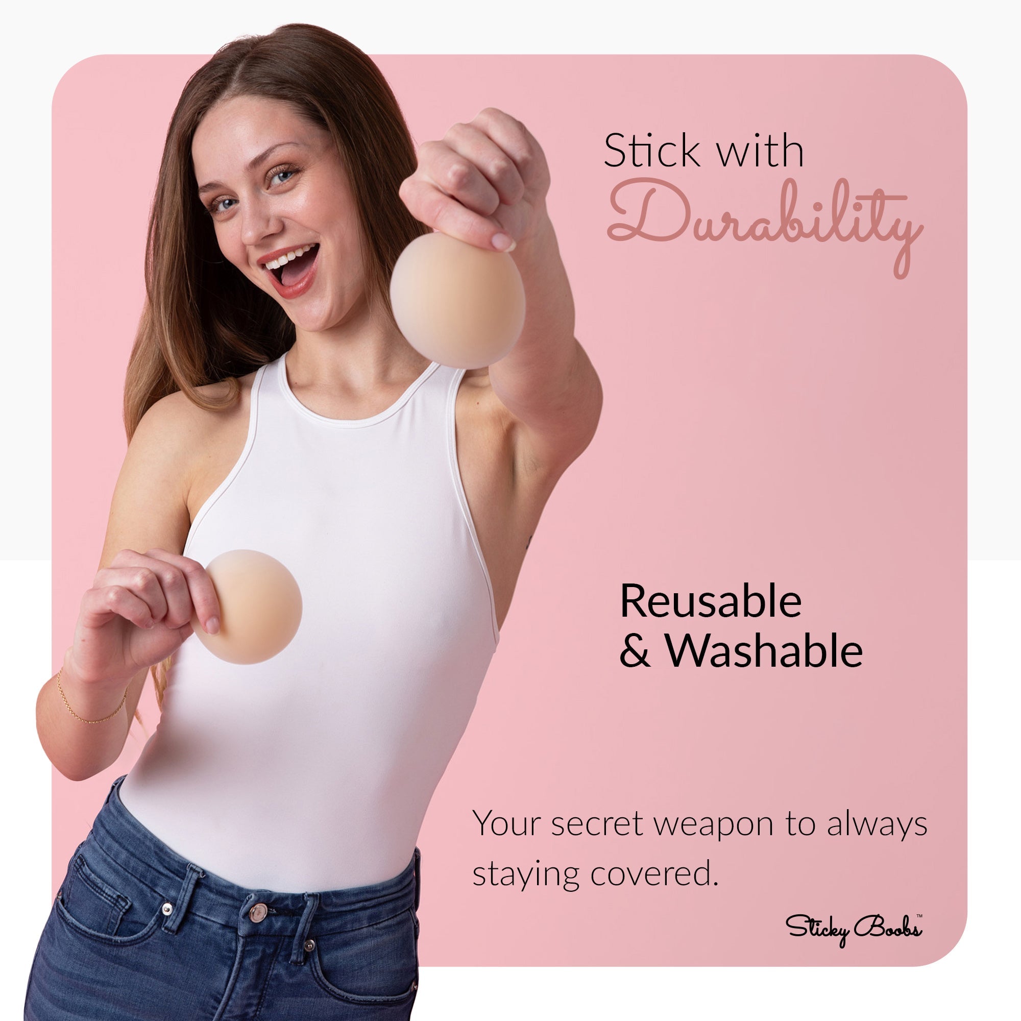 Sticky Boobs Reusable and Washable perfect fit non adhesive bra pads held by a smiling woman for a secure feel