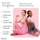 Sticky Boobs perfect fit non adhesive bra pads shown with models in stylish activewear for comfort and confidence