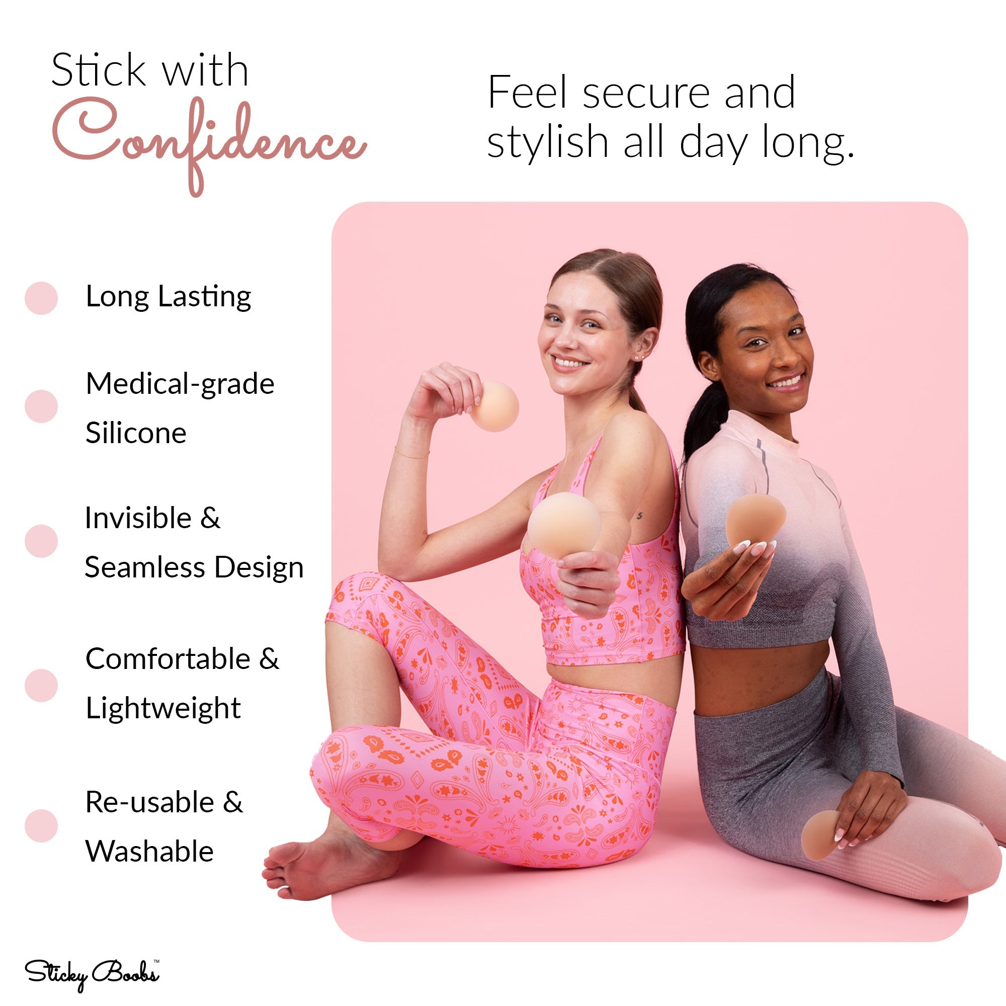 Sticky Boobs perfect fit non adhesive bra pads shown with models in stylish activewear for comfort and confidence