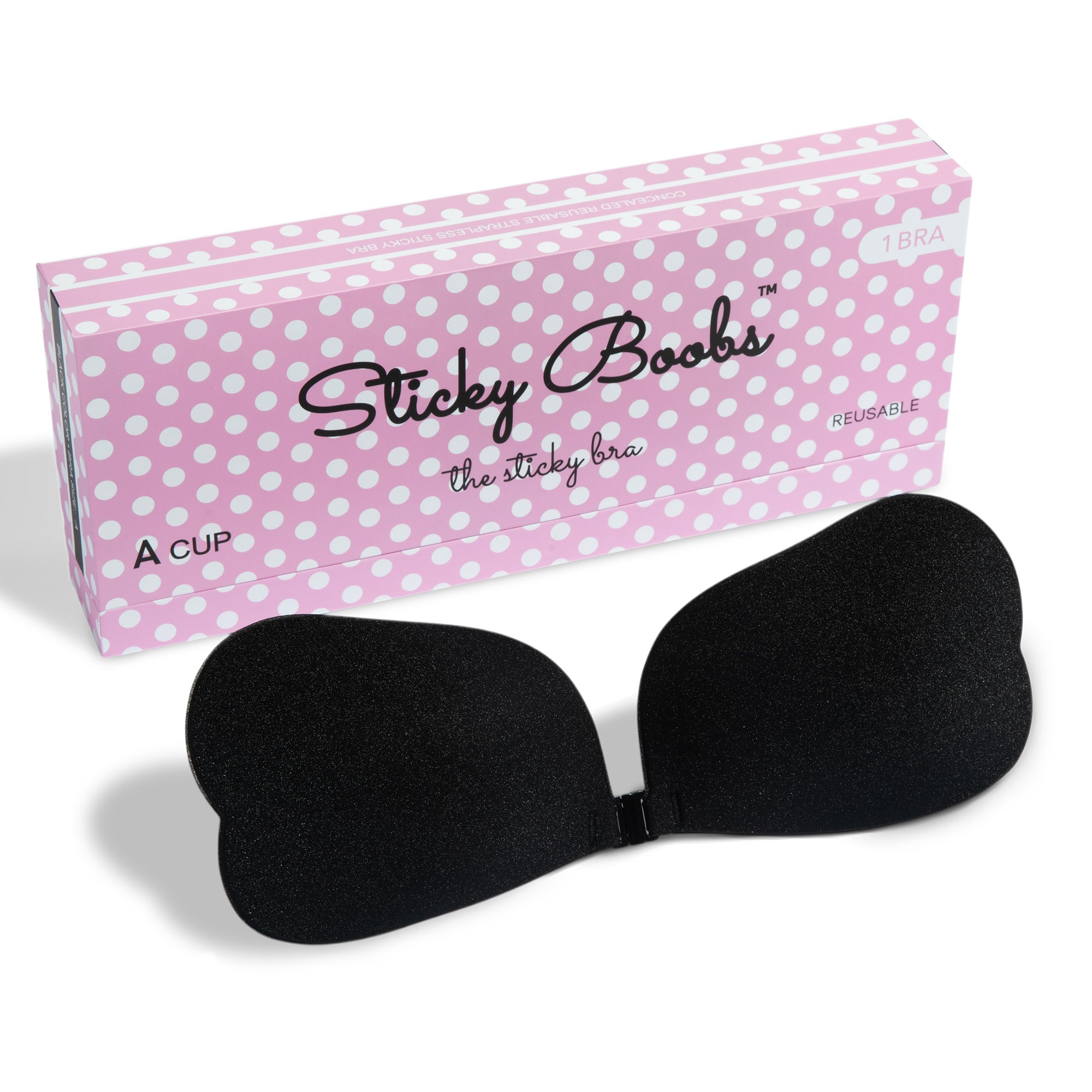 Sticky Boobs reusable adhesive bra for women in A cup with a polka dot box packaging