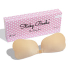 Sticky Boobs Reusable Adhesive Bra for Women in A Cup with a polka dot box for discreet storage