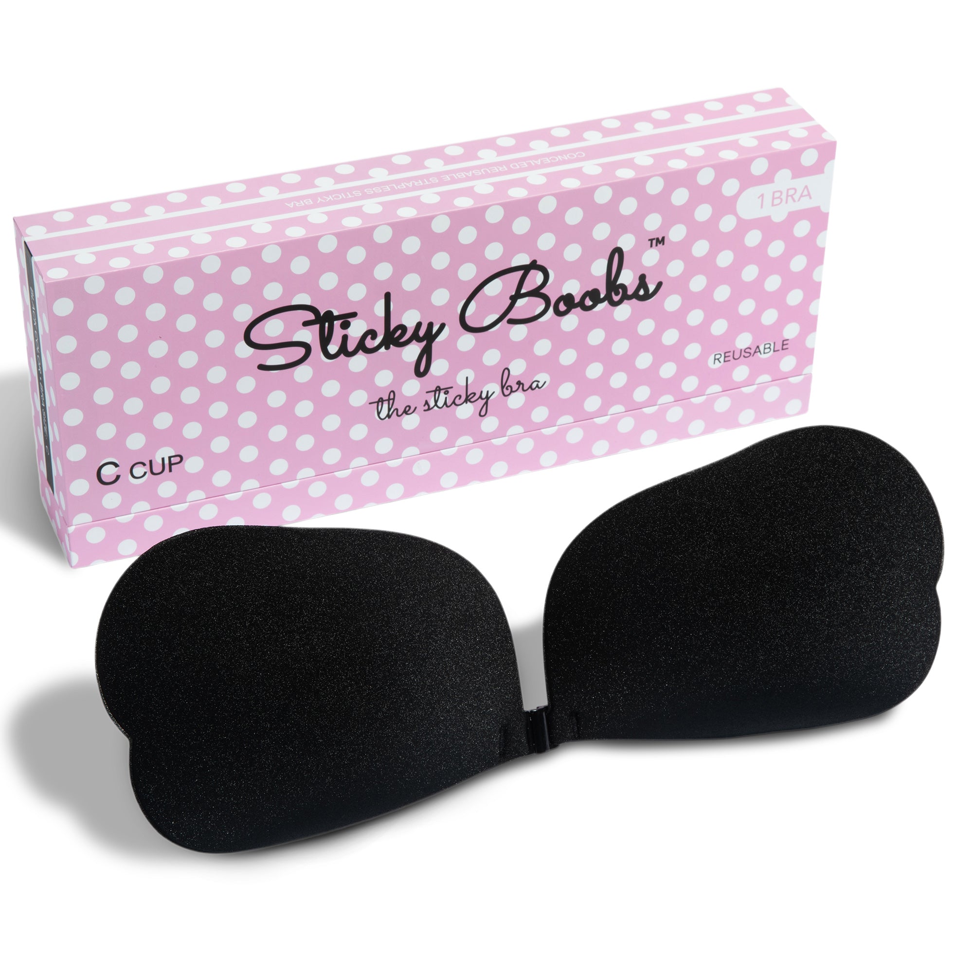 Sticky Boobs C Cup reusable adhesive bra for women packaged in a pink polka dot box