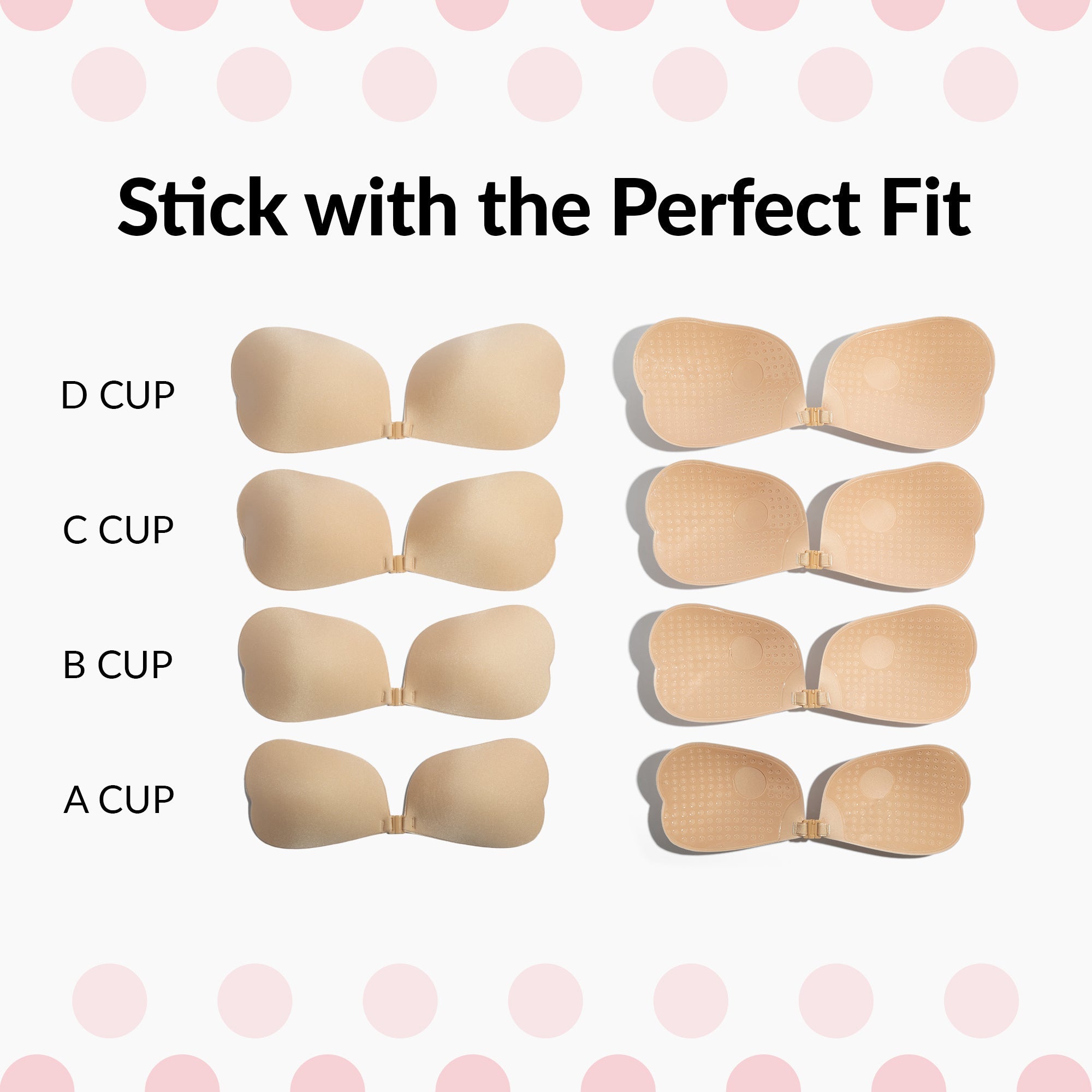 Sticky Boobs reusable adhesive bra for women in multiple cup sizes displayed for perfect fit selection