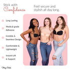 Three women showcasing a reusable adhesive bra for women, featuring a seamless design and comfortable fit