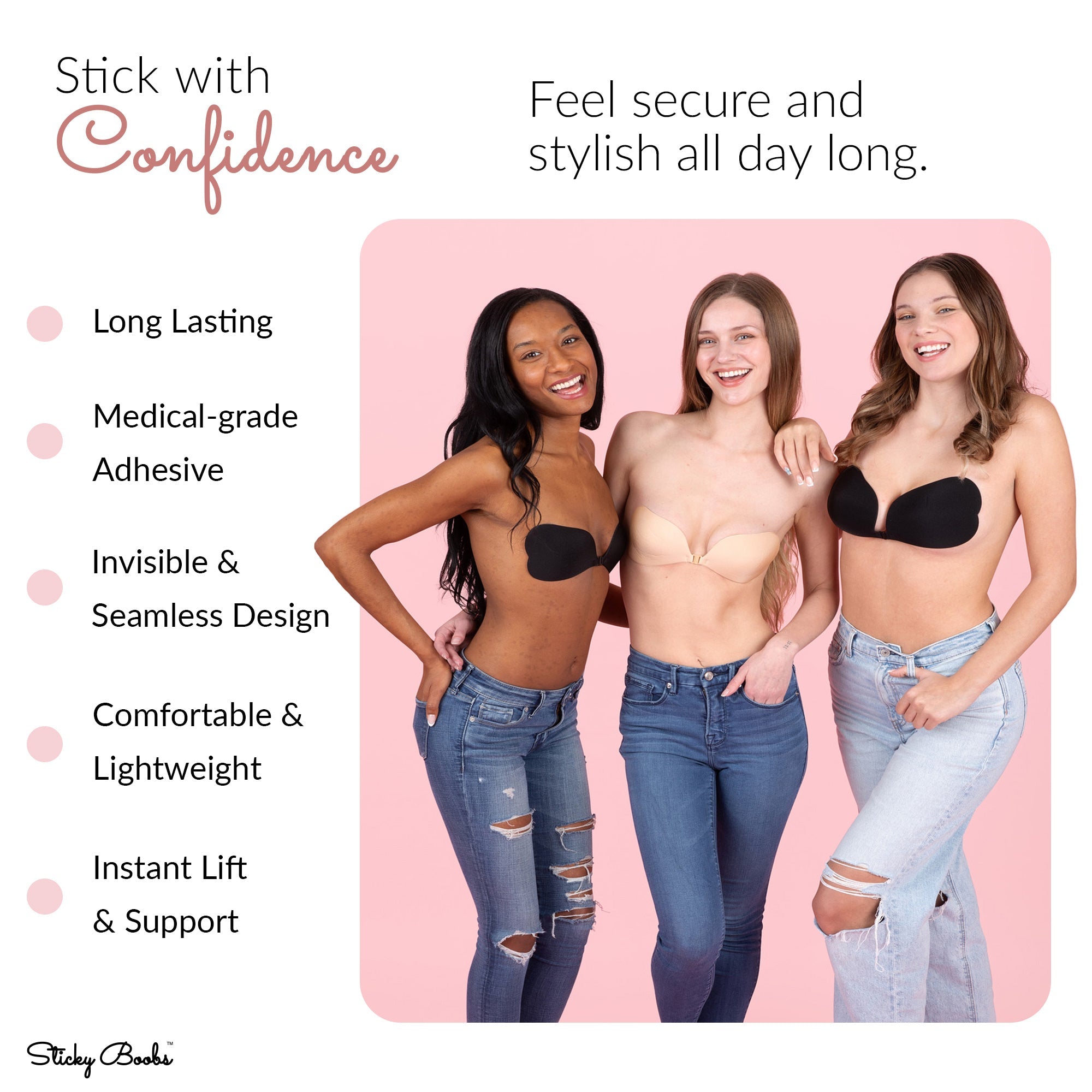 Three women showcasing a reusable adhesive bra for women, featuring a seamless design and comfortable fit
