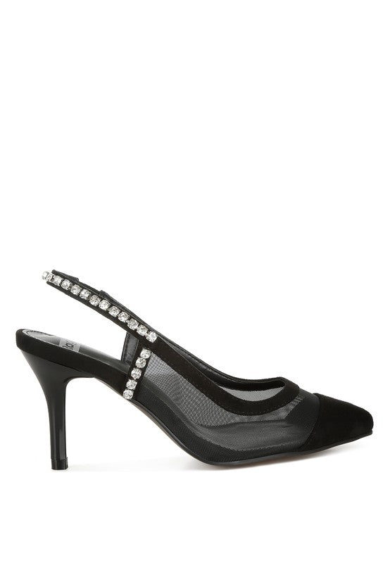Women's stiletto heel slingback sandals with black mesh and rhinestone detail