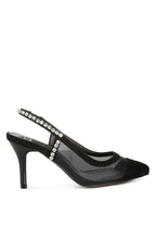 Women's stiletto heel slingback sandals with black mesh and rhinestone detail