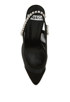 Black stiletto heel slingback sandals with rhinestone detailing