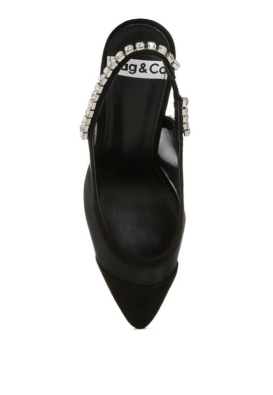 Black stiletto heel slingback sandals with rhinestone detailing