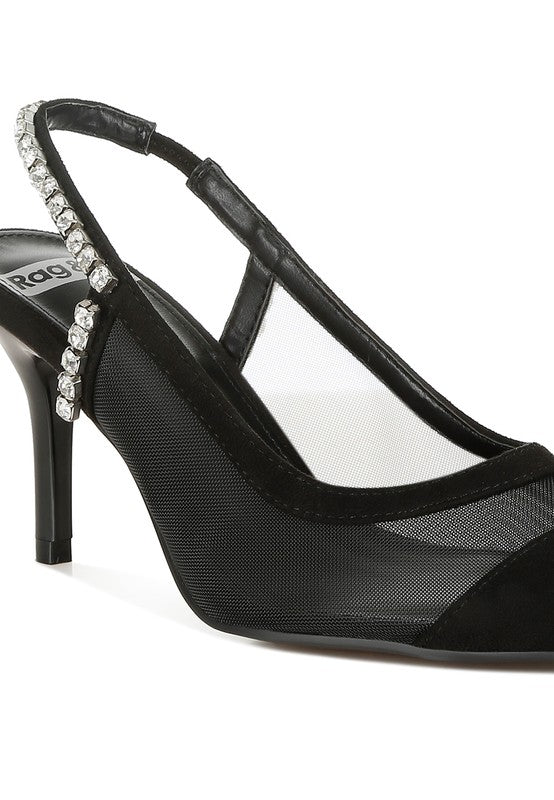 Rag Company black stiletto heel slingback sandals with rhinestone detail