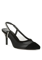 Women's black stiletto heel slingback sandals with mesh detail