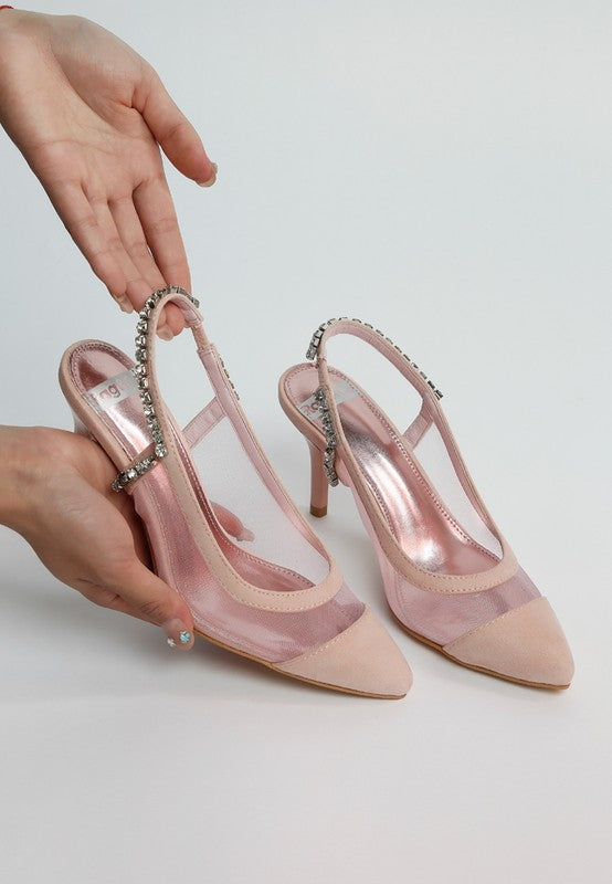 Women's pink stiletto heel slingback sandals with decorative straps