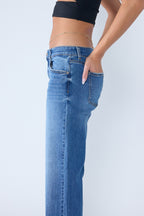 Women's straight leg blue jeans in soft denim for casual wear