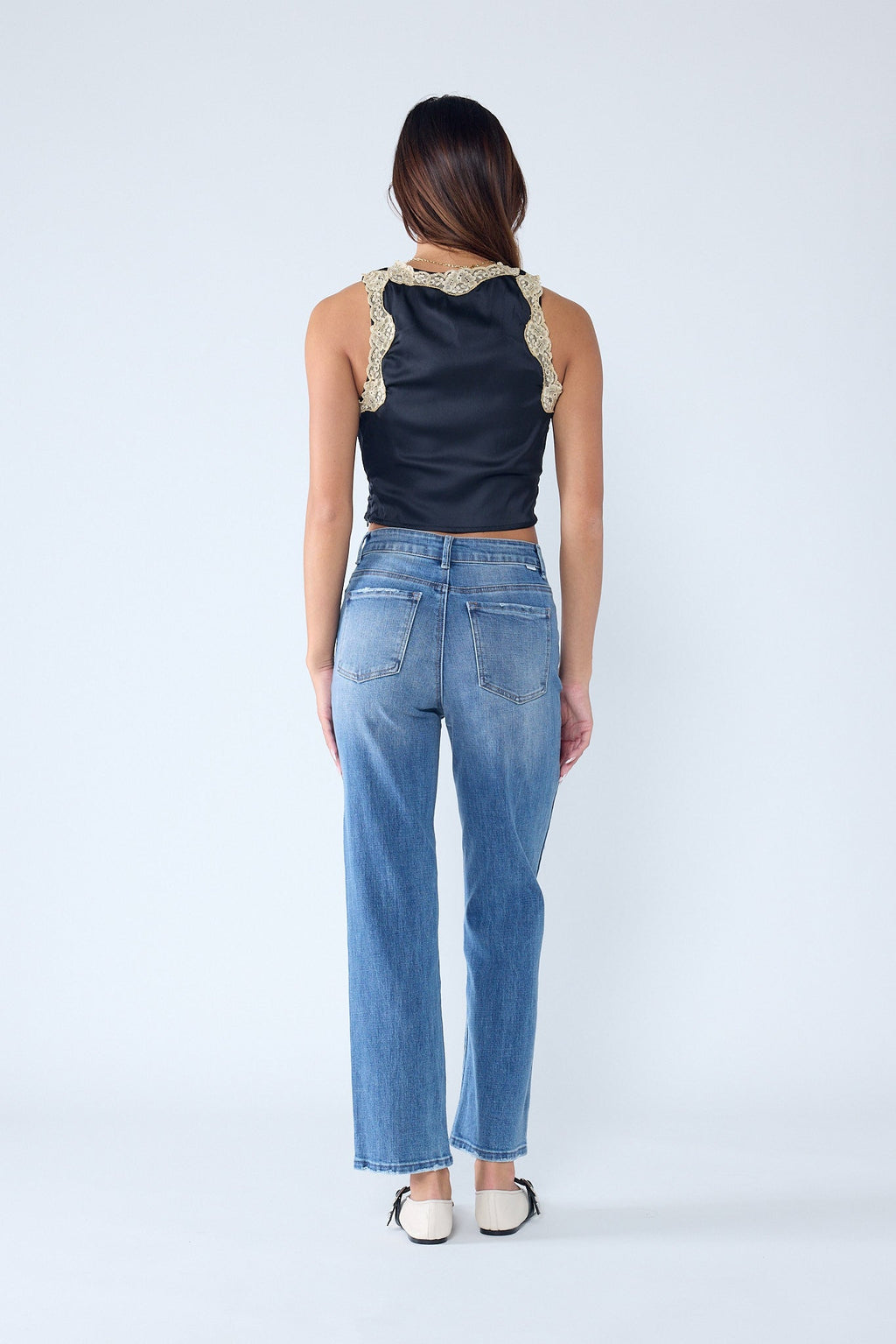 Women's straight leg blue jeans in classic denim for casual wear
