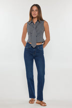 Women's straight leg blue jeans, denim fabric, casual wear