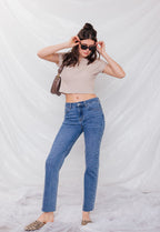 Women's straight leg blue jeans for casual everyday wear