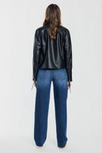 Women's straight leg blue jeans, denim fabric, casual wear
