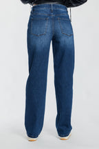 Women's straight leg blue jeans in a classic denim wash