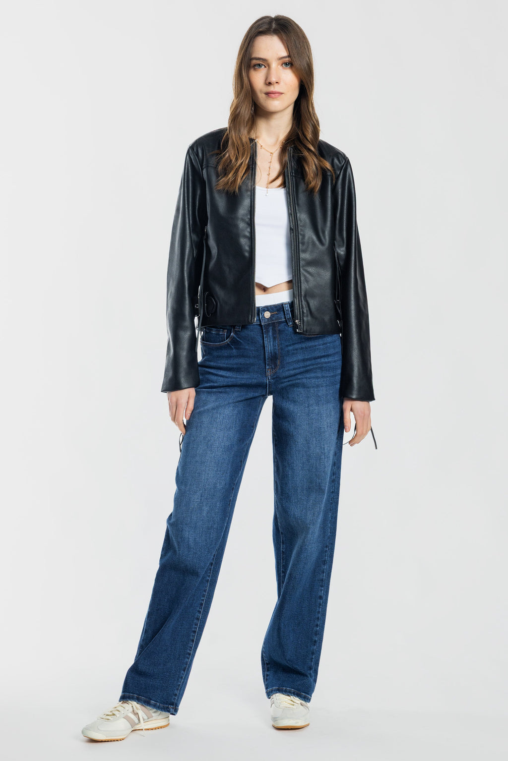 Women's straight leg blue jeans, denim material, casual style