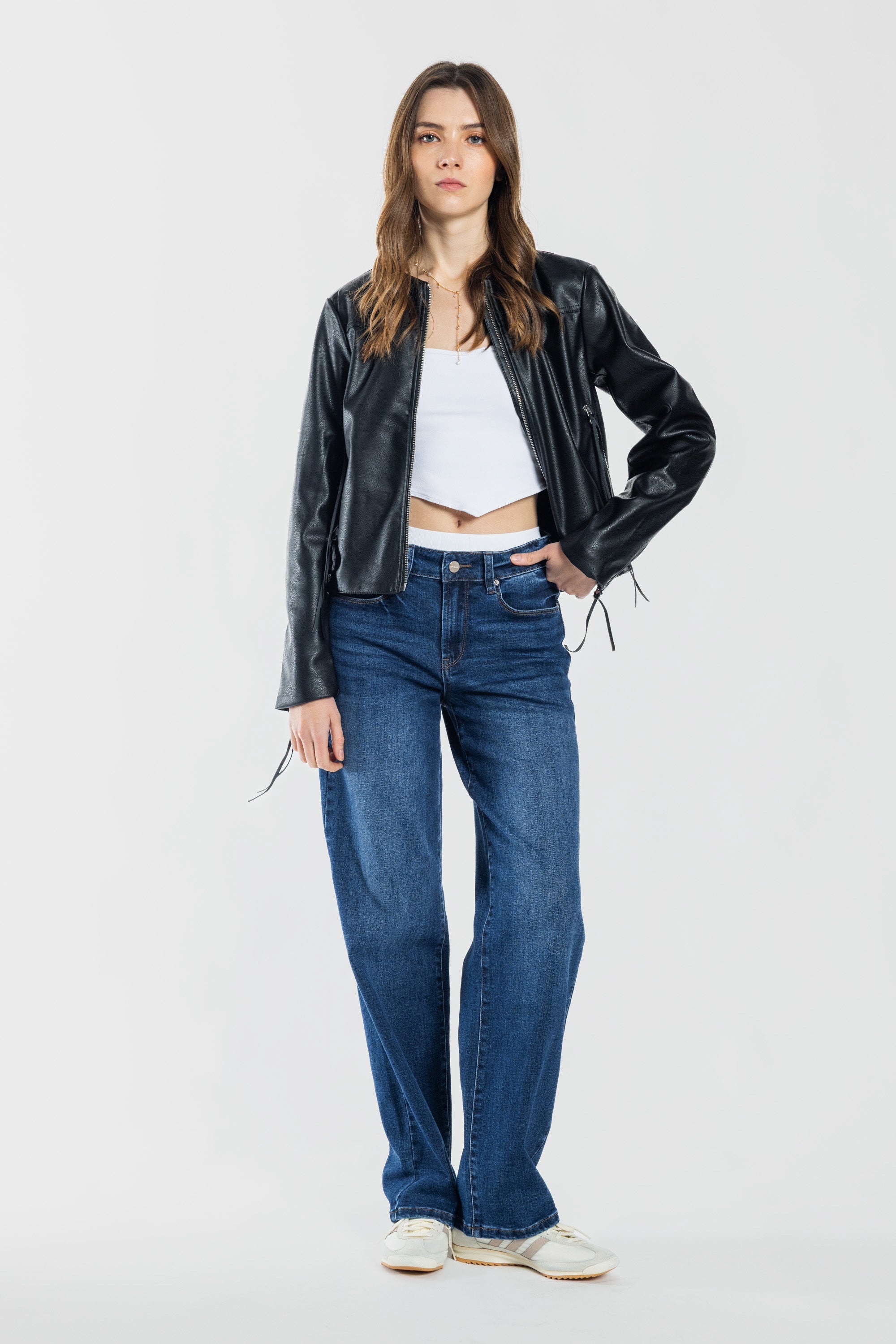 Women's straight leg blue jeans, casual style, comfortable denim