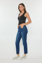 Women's straight leg blue jeans, stylish denim for casual outings