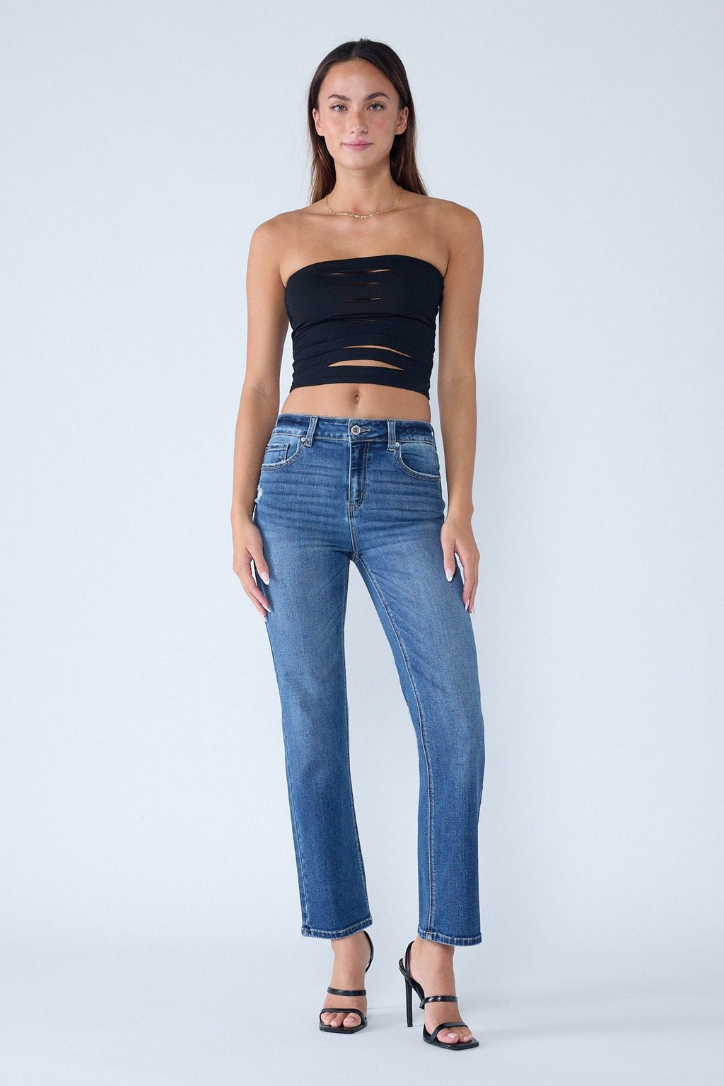 Women's straight leg blue jeans, stylish denim for casual outings