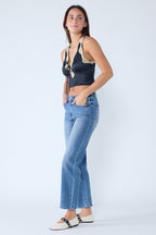 Women's straight leg blue jeans, denim fabric, casual wear