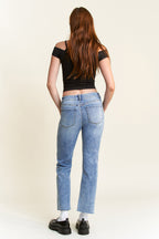Women's straight leg blue jeans in denim, perfect for casual wear