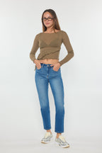 Women's straight leg blue jeans, denim fabric, casual wear