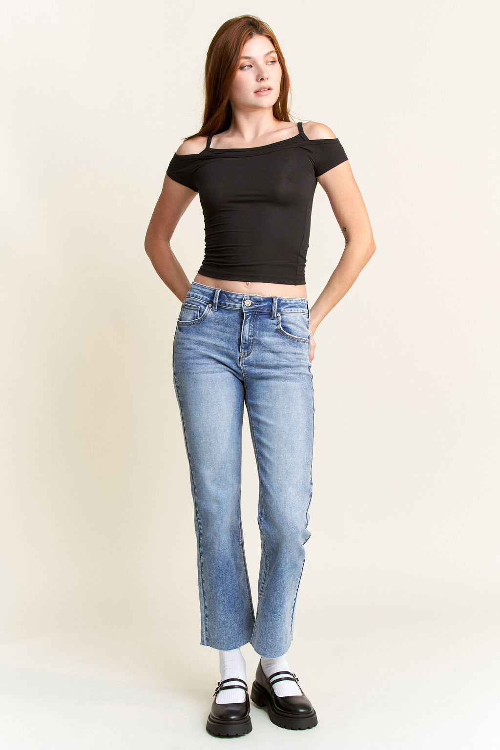 Women's straight leg blue jeans, soft denim, casual wear