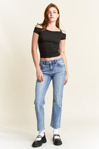 Women's straight leg blue jeans for casual wear and comfort