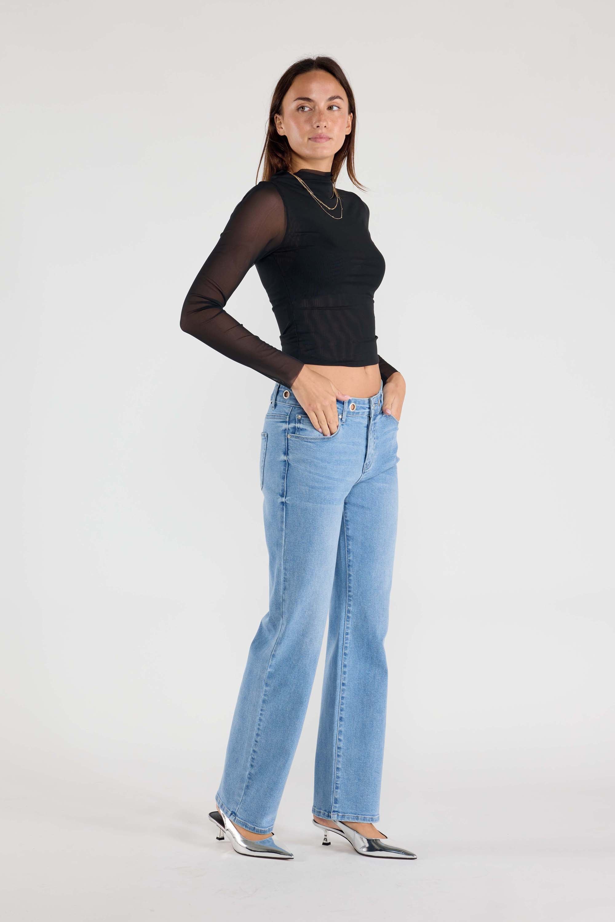 Women's straight leg blue jeans, cotton fabric, casual wear